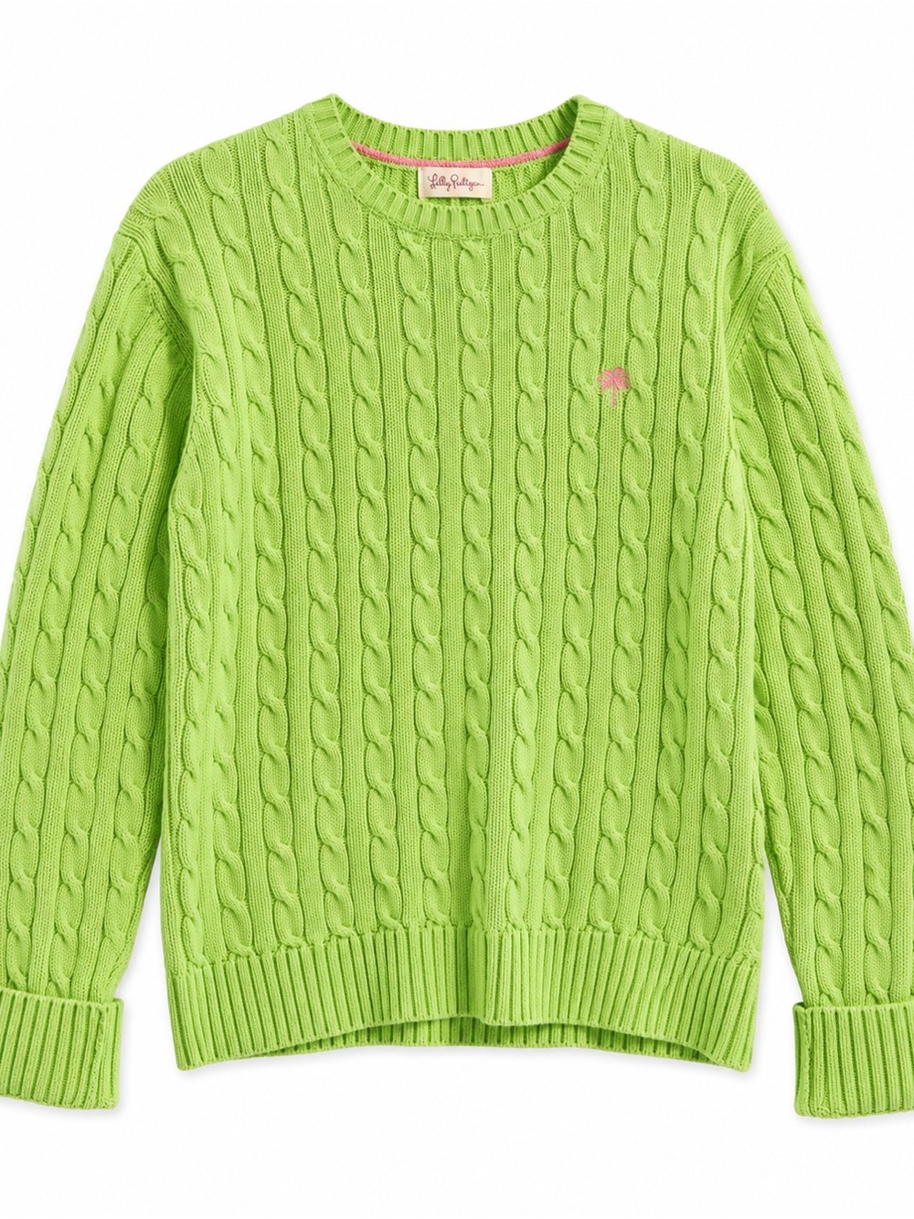 Lilly Pulitzer Sweater Women Large Lime Green Excellent Cable Knit Palm Tree
